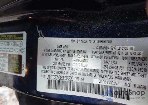 2011 Mazda Cx-9 Touring из США, поврежденный, VIN JM3TB3CV3B0332329